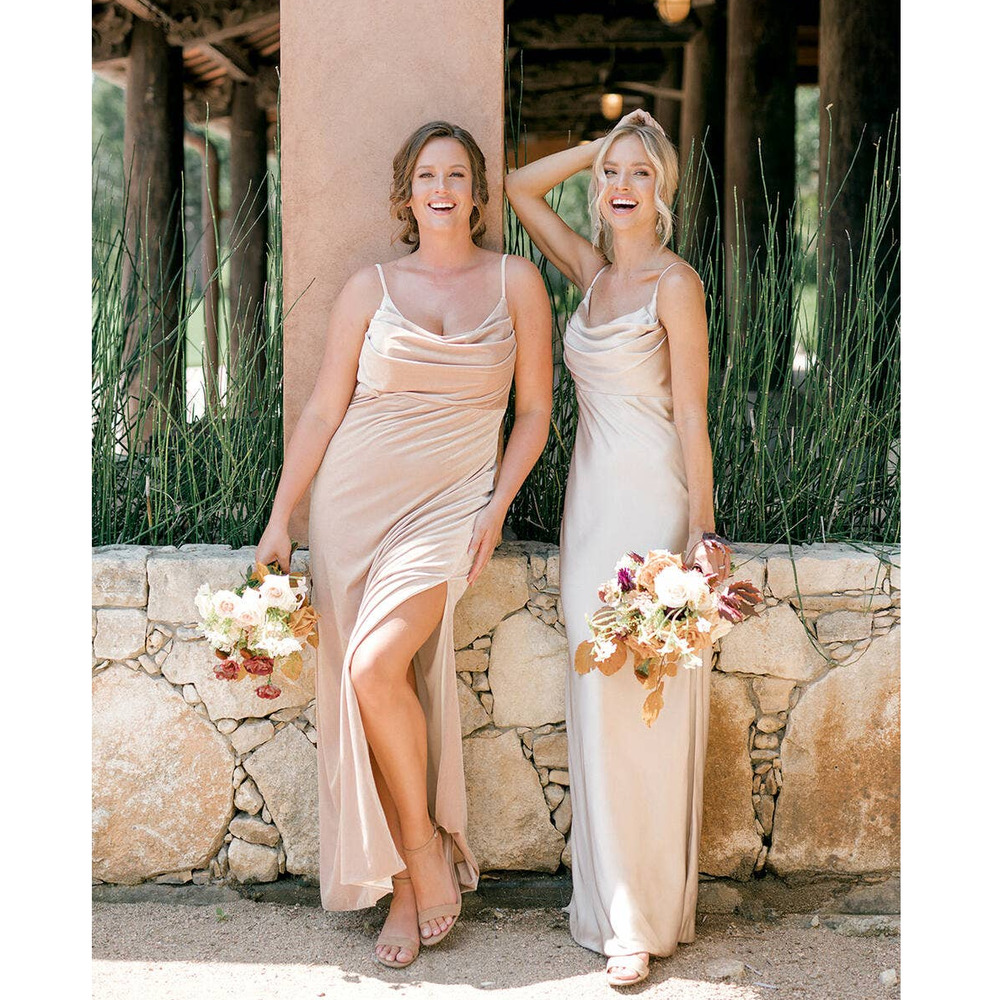 Revelry Skye Satin Bridesmaid Slip Maxi Dress in Gold Champagne-Worn Once